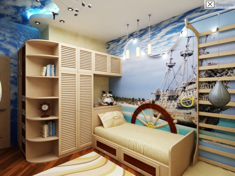 Nursery for the boy in a marine style with a transformer bed