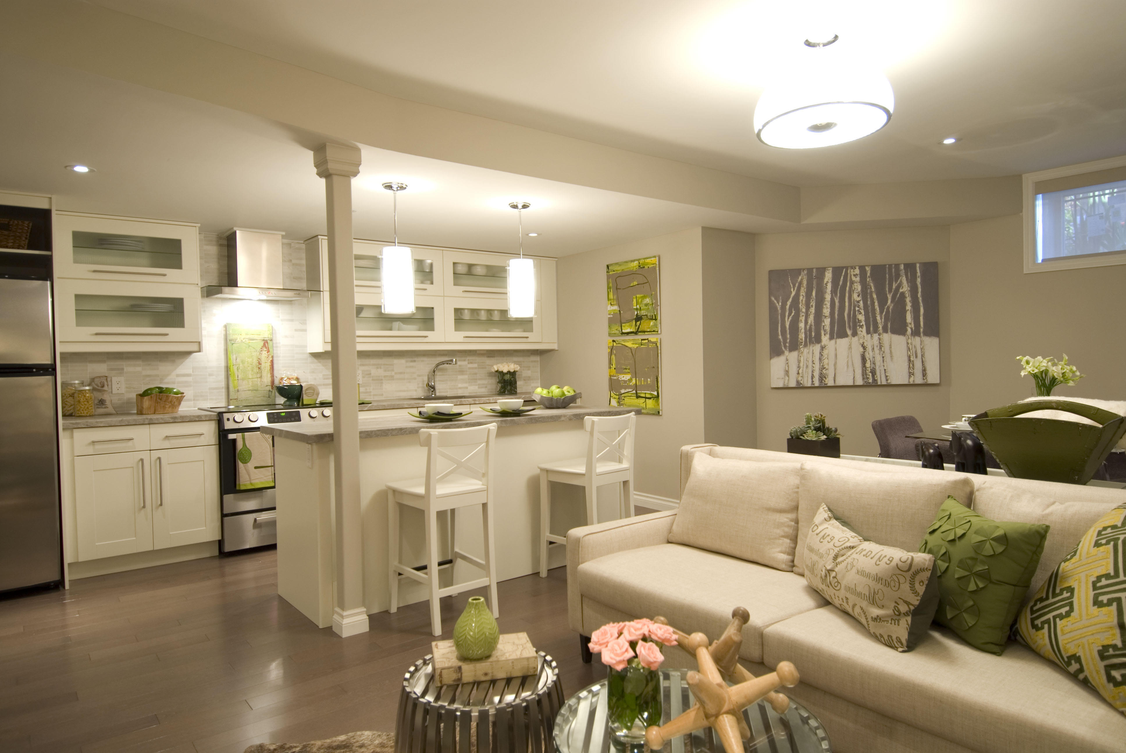 The interior of the stylish kitchen-living room in bed warm colors