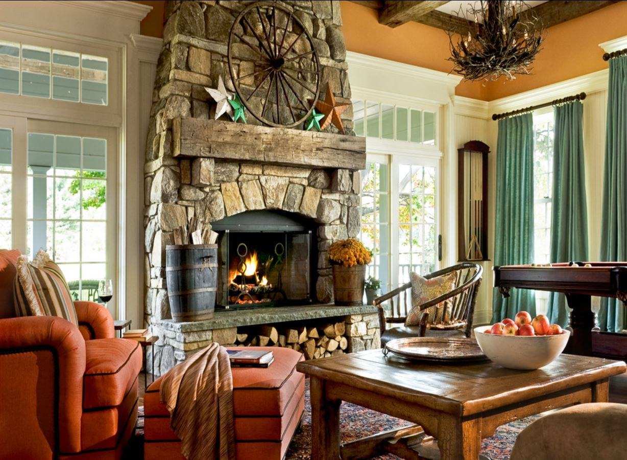 Fireplace design for a stylized living room of a rustic house