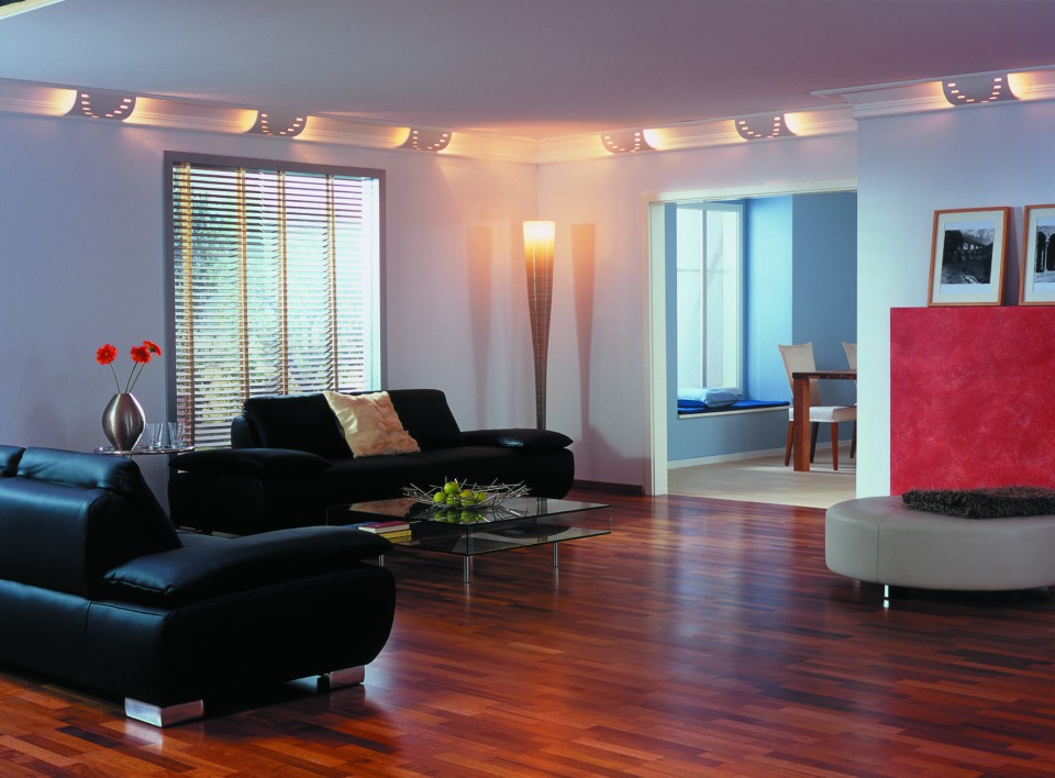 Living room interior with suspended ceilings and pendant chandelier