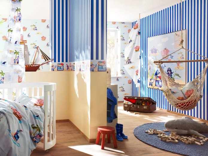 Wall and floor decoration in a marine style children's room