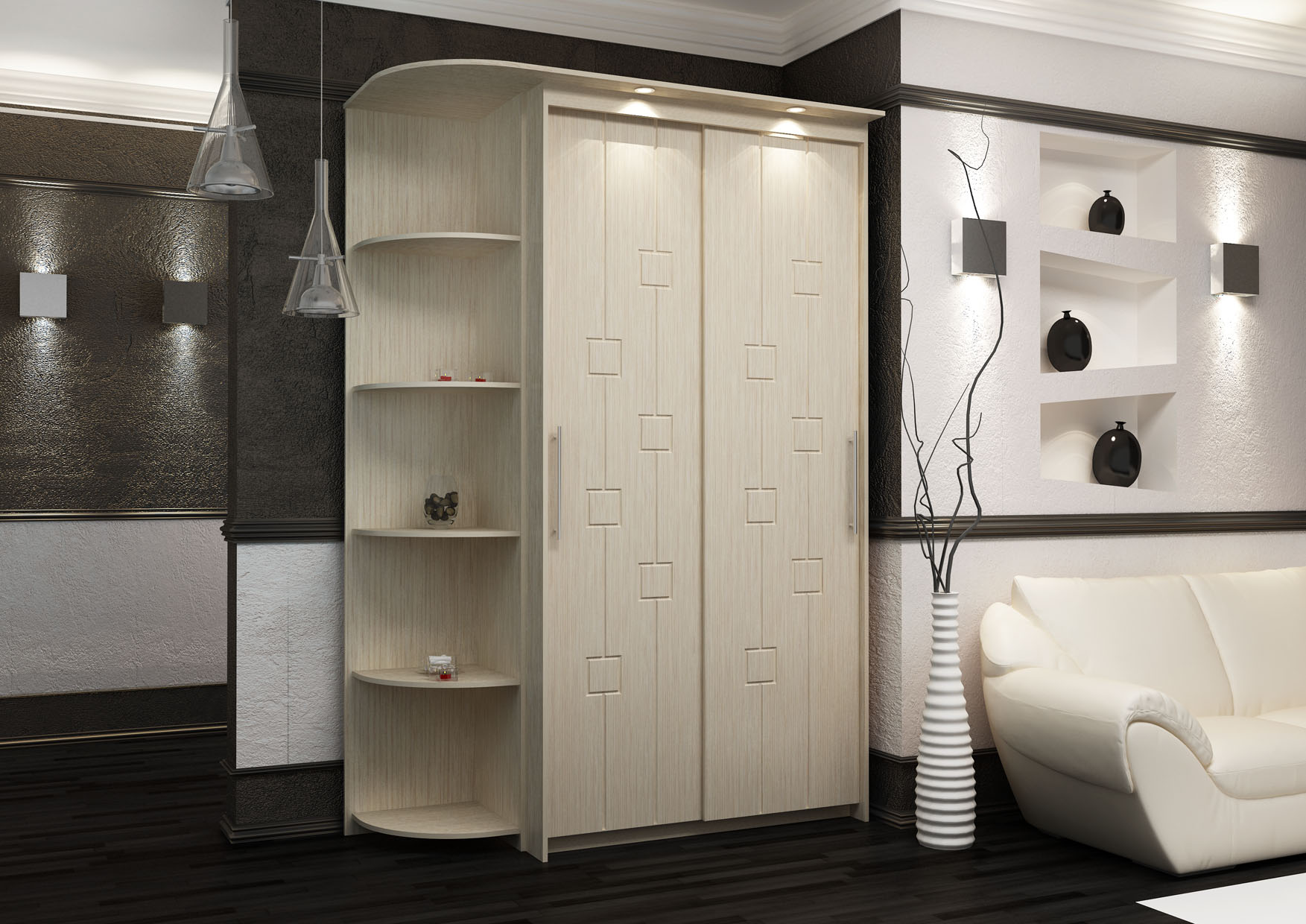 corner wardrobe in the bedroom interior