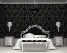 black wallpaper in the design of a bedroom in the style of futurism