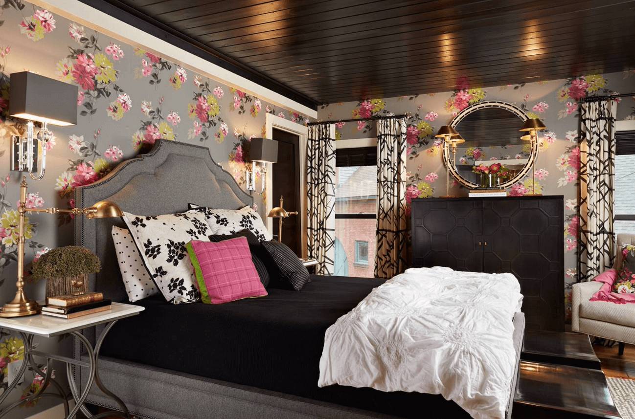 wooden black ceiling in the living room interior