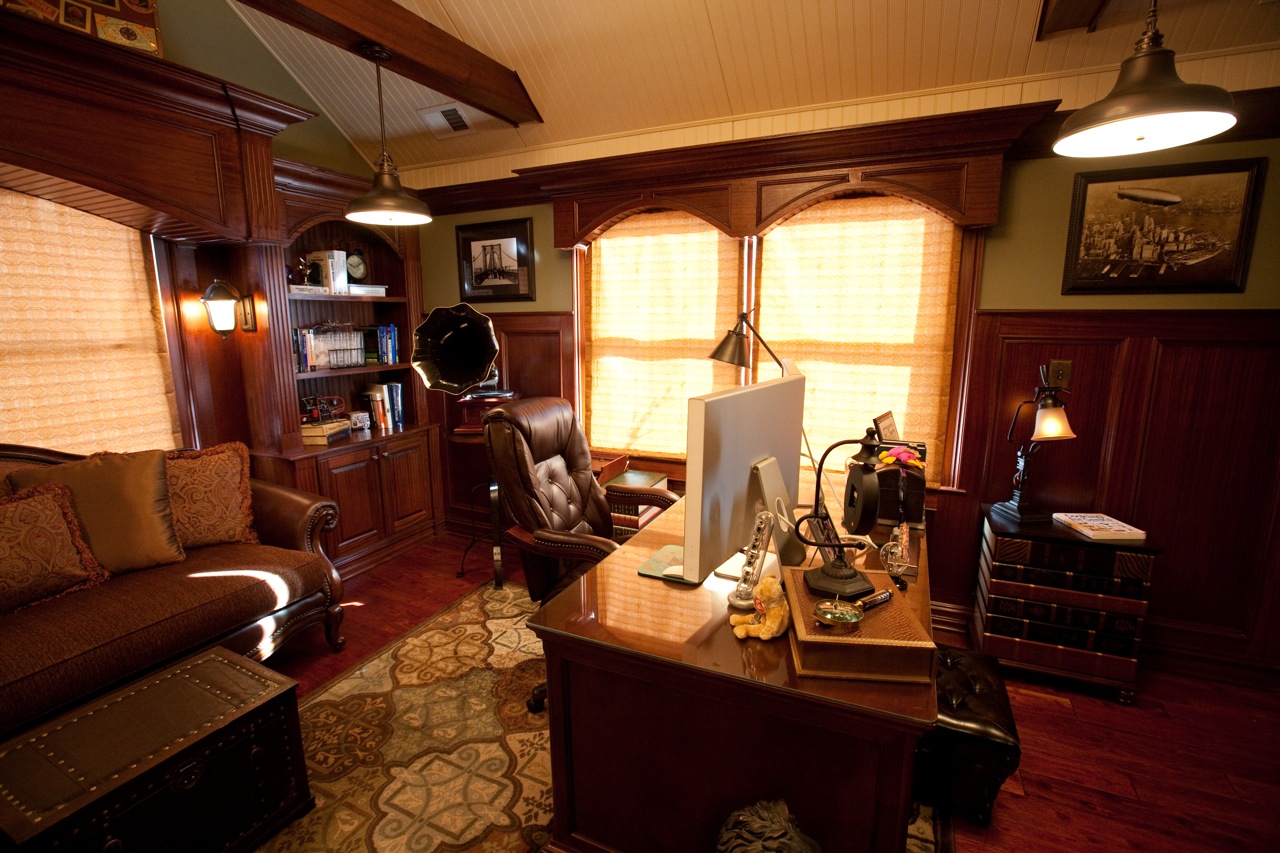 steampunk style living room with leather upholstery