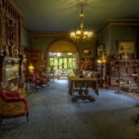 steampunk bedroom interior with wooden parquet picture