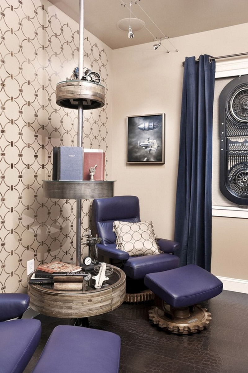 steampunk style hallway with leather upholstery