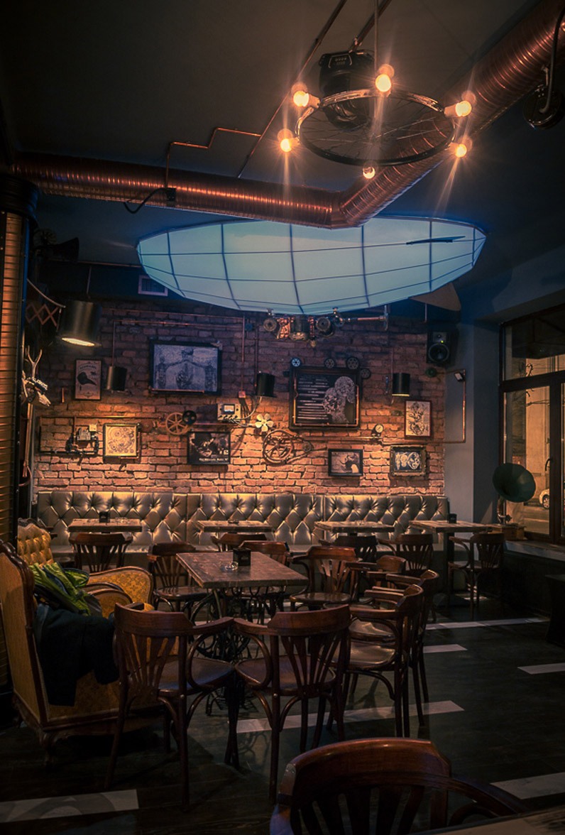 steampunk living room interior with leather upholstery