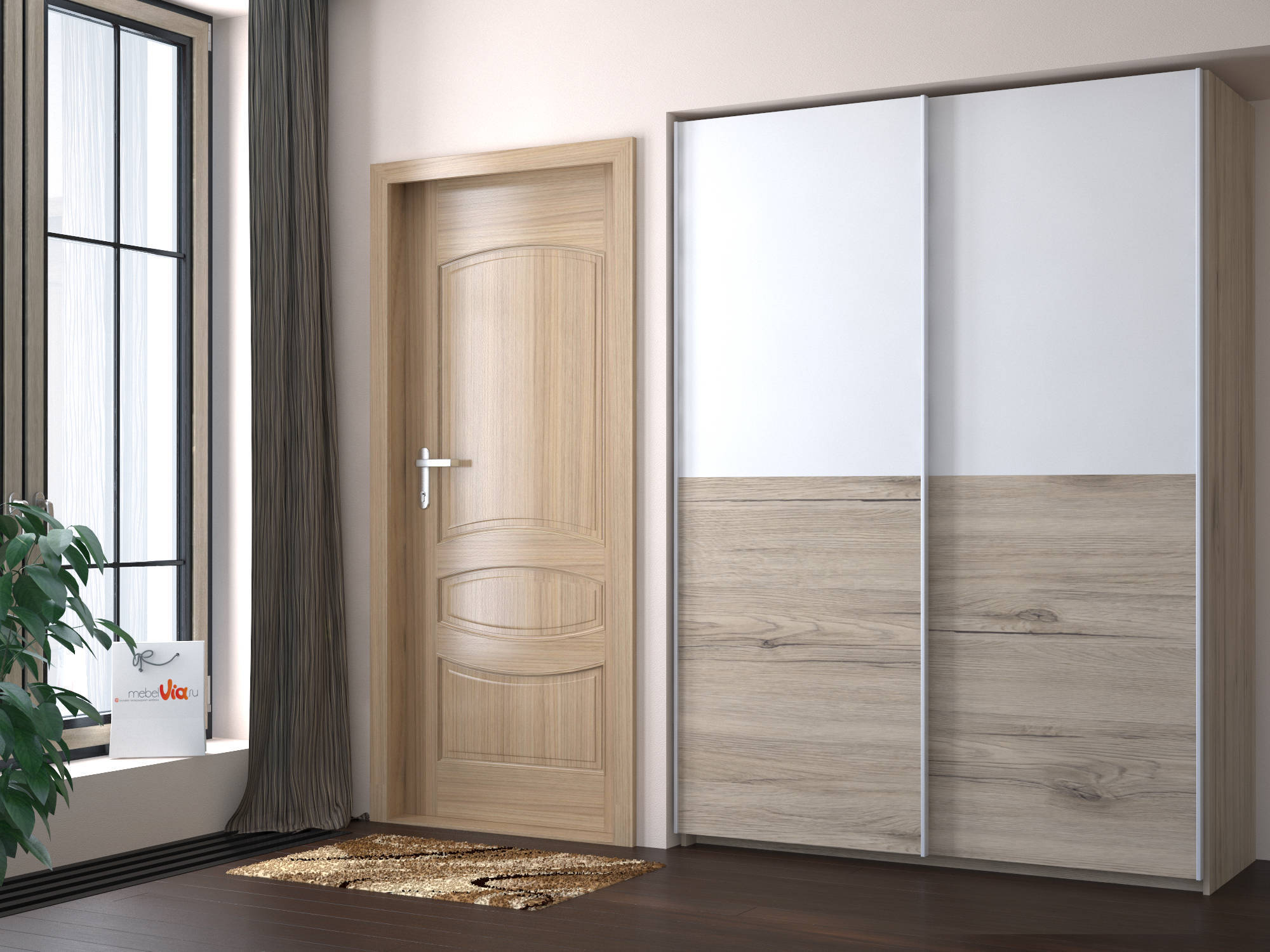 interior of a sliding wardrobe in a corridor made of wood