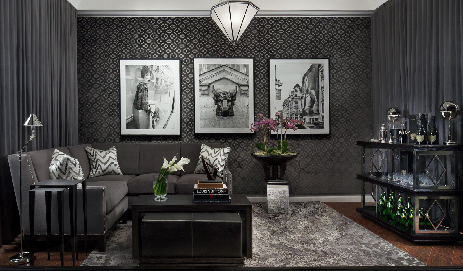 striped dark wallpaper in the design of the kitchen