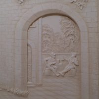 bright decor of the kitchen with a bas-relief photo