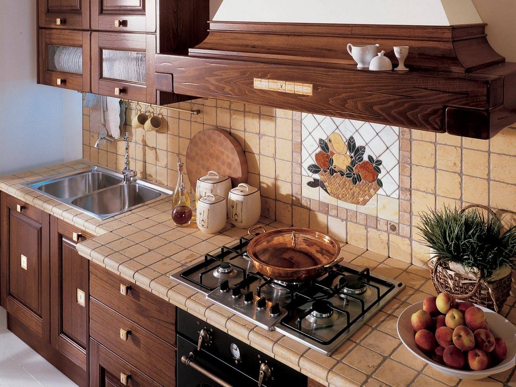 beautiful apron made of standard format tiles with an image in the style of the kitchen