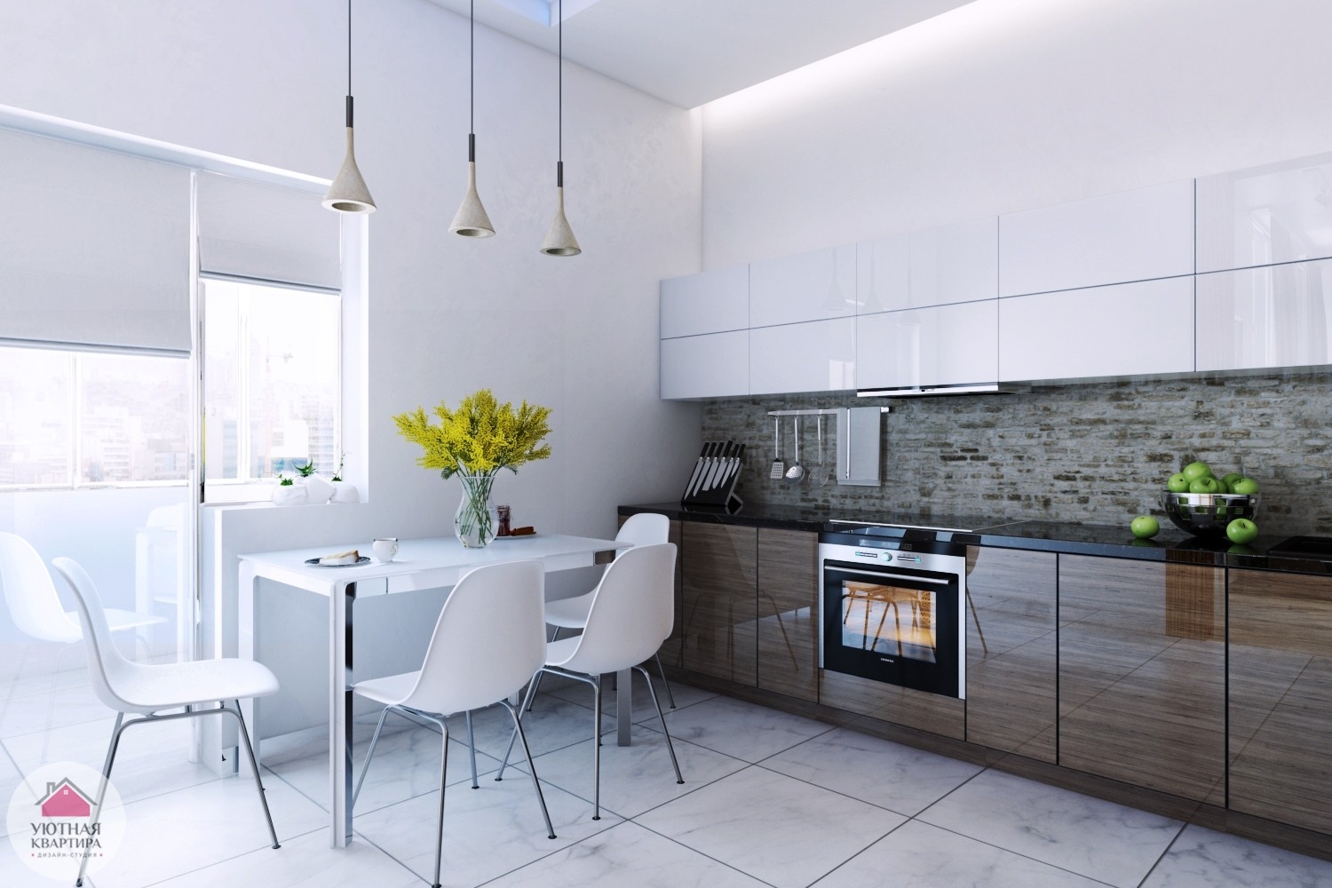 bright style of white kitchen with a touch of green