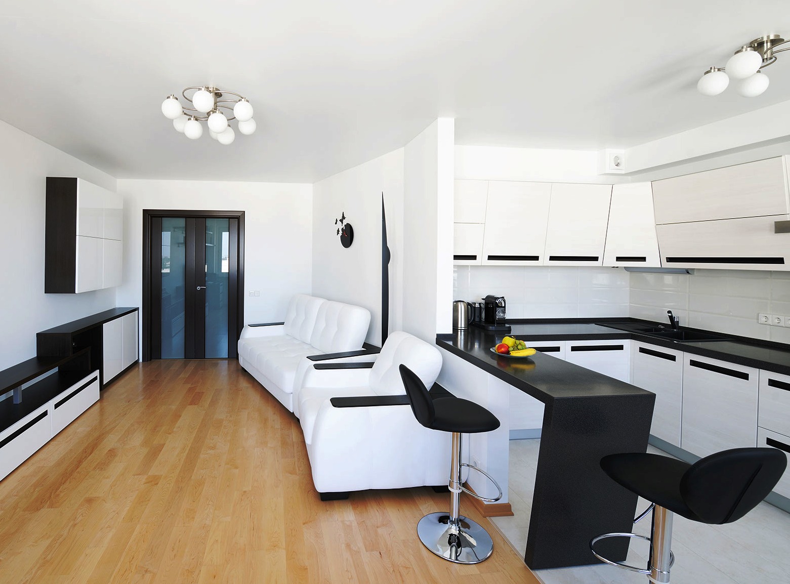 bright hallway interior in black and white