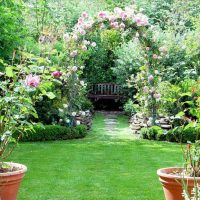 beautiful landscaping of a summer house in the English style with flowers photo