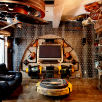 steampunk kitchen design with leather upholstery photo