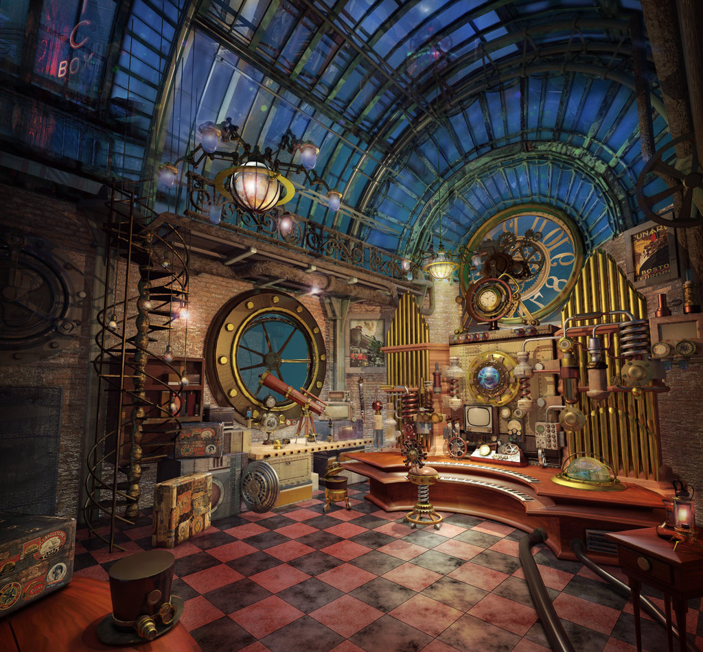 steampunk house interior with wooden parquet