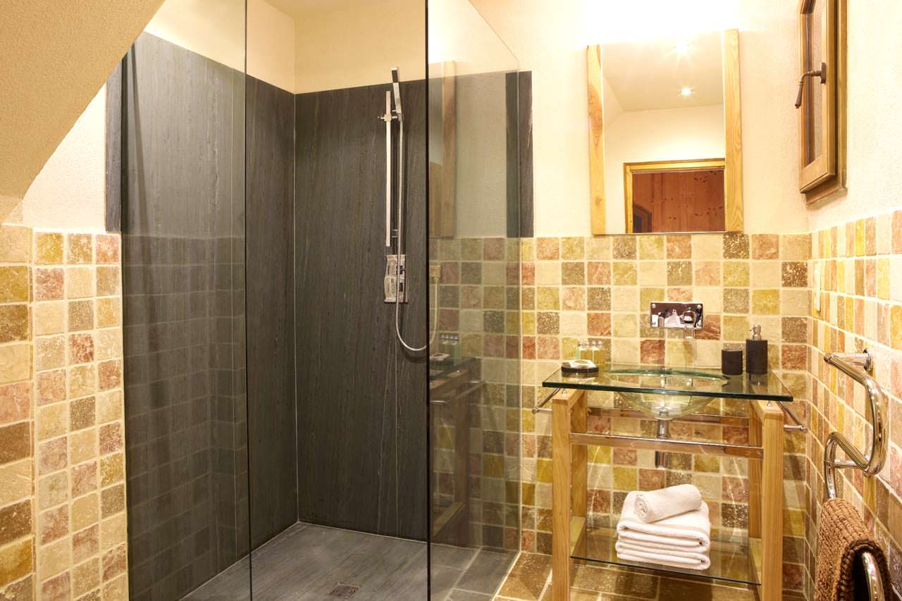 beautiful bathroom interior with dark shower