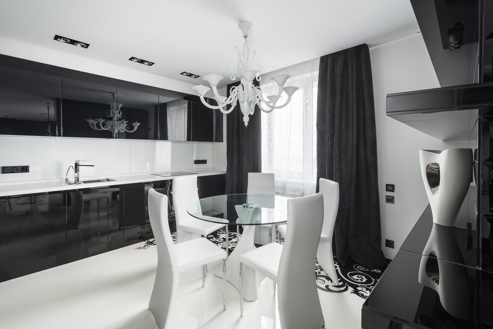 bright living room interior in black and white