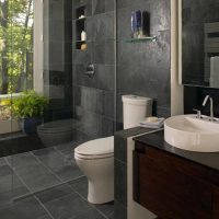 bright interior of a bathroom with a shower in dark colors picture