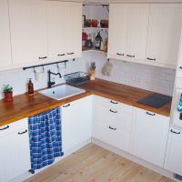 bright interior of a white kitchen with a touch of blue picture