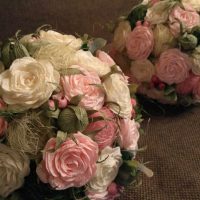 red paper flowers in the design of the festive hall photo