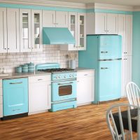 small refrigerator in the design of the kitchen in bright color photo