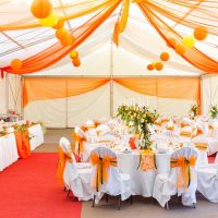 blue paper flowers in the design of the festive hall photo