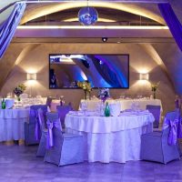 unusual decoration of the wedding hall with ribbons picture