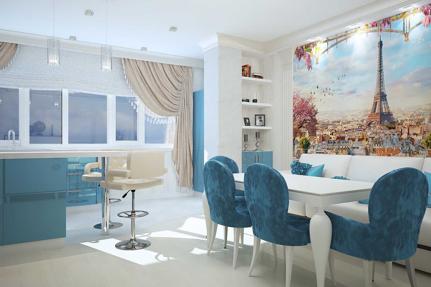 bright room design in blue