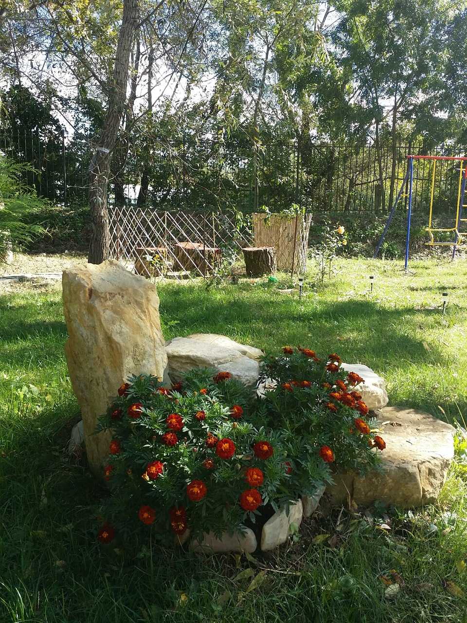 unusual decoration of the suburban area with flowers