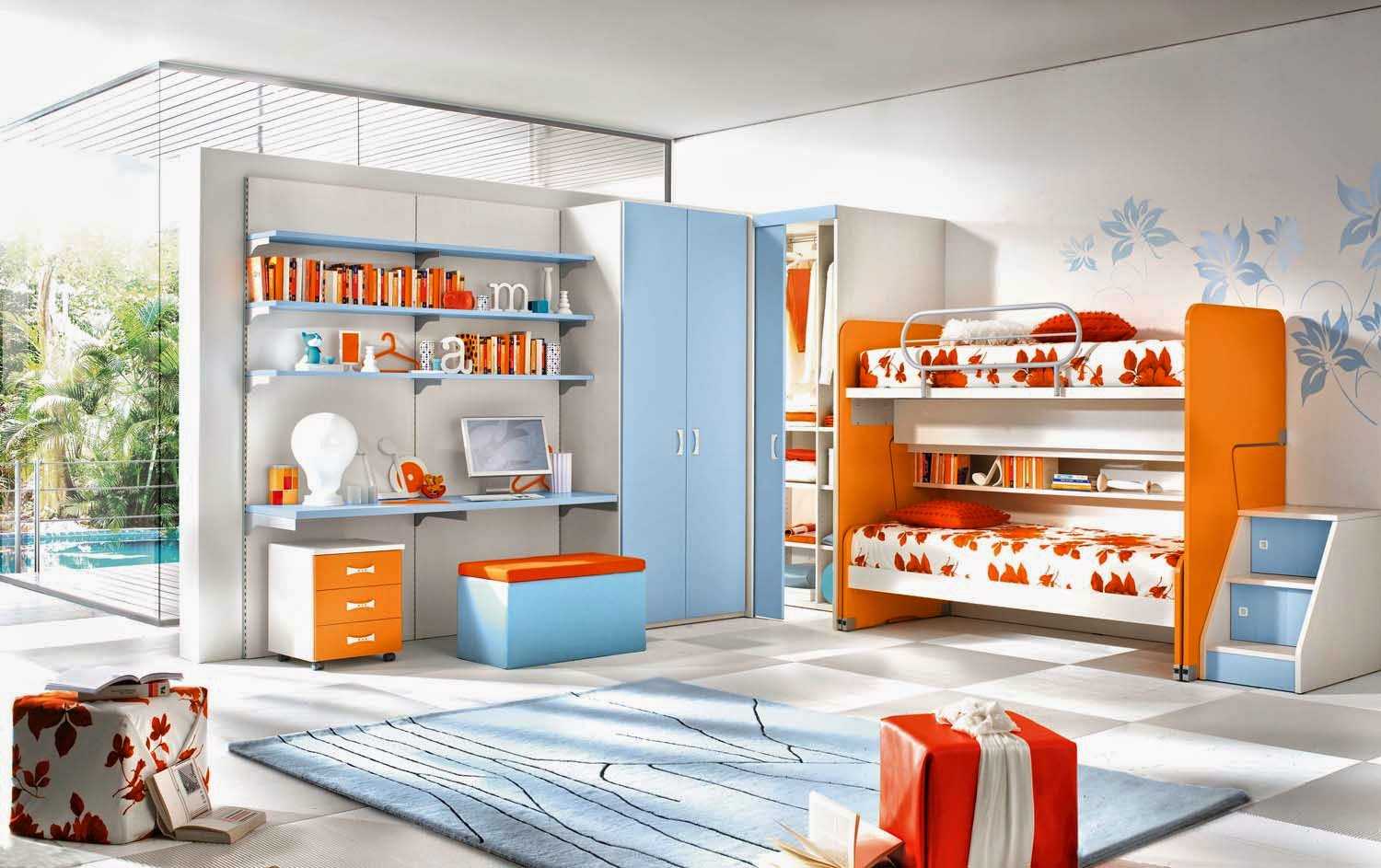 a combination of dark orange in the style of the room with other colors