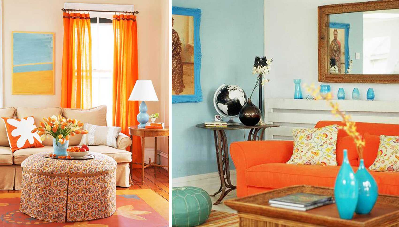 a combination of bright orange in the style of the apartment with other colors