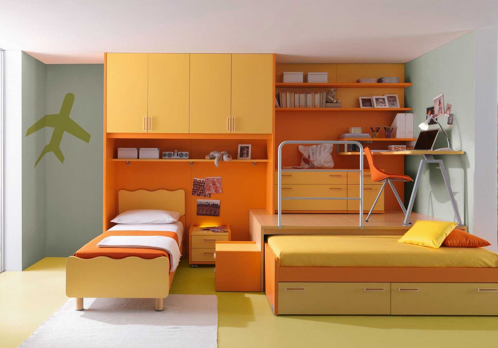 a combination of bright orange in the interior of the house with other colors