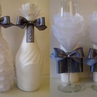 unusual decoration of bottles with colorful ribbons picture