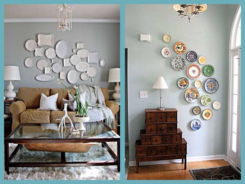 the idea of ​​a bright room design with decorative plates on the wall