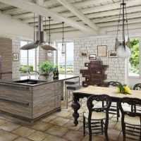 variant of the bright interior of the apartment with decorative beams photo