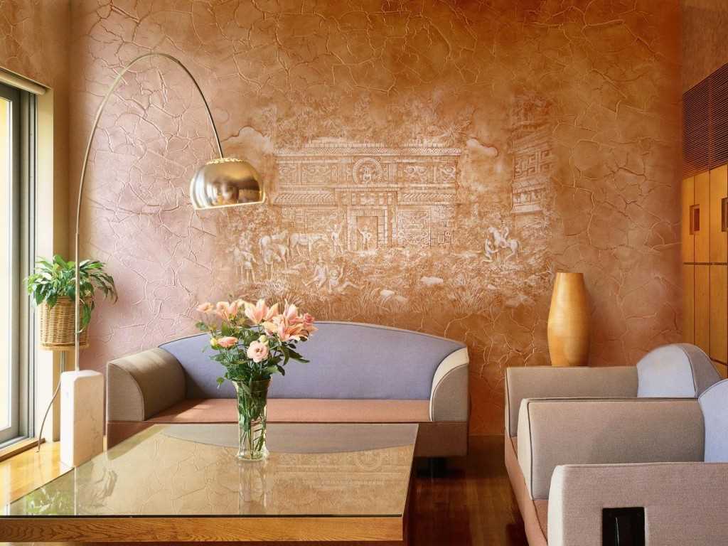 the idea of ​​a beautiful decorative plaster in the style of the living room