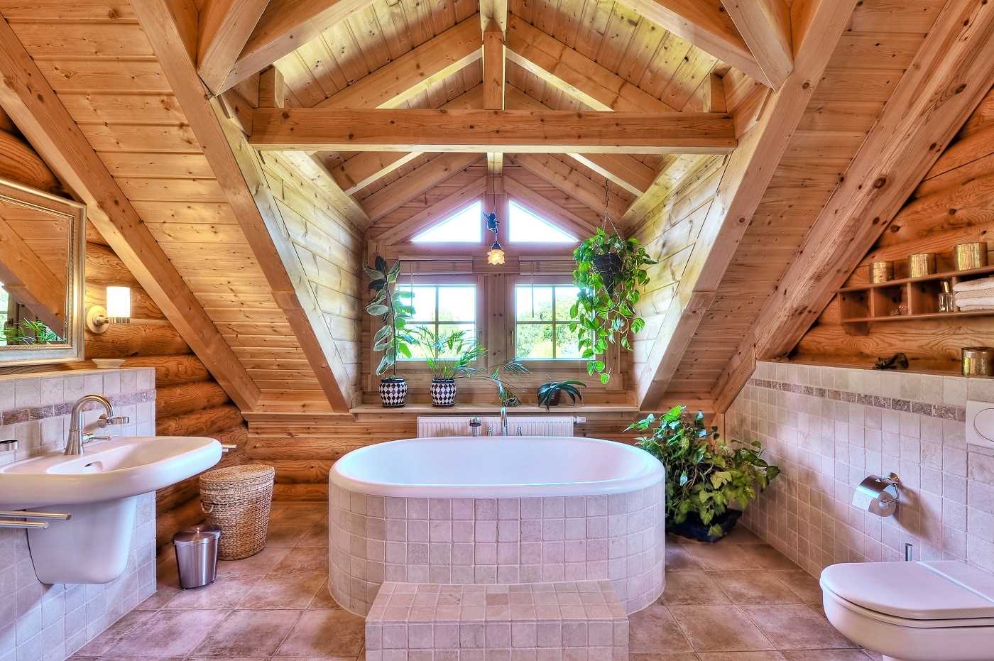 idea of ​​an unusual style of a bathroom in a wooden house