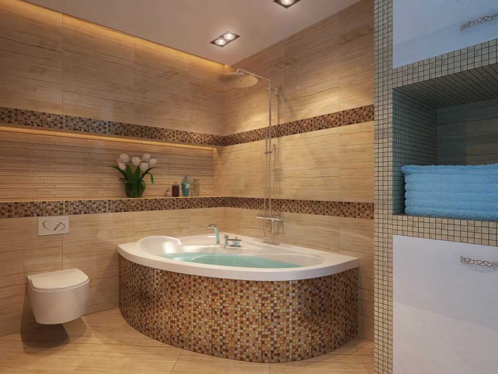 idea of ​​an unusual design of a bathroom with a corner bath