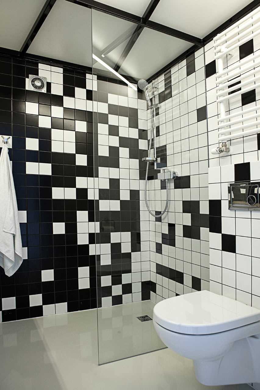 the idea of ​​an unusual style of the bathroom in black and white