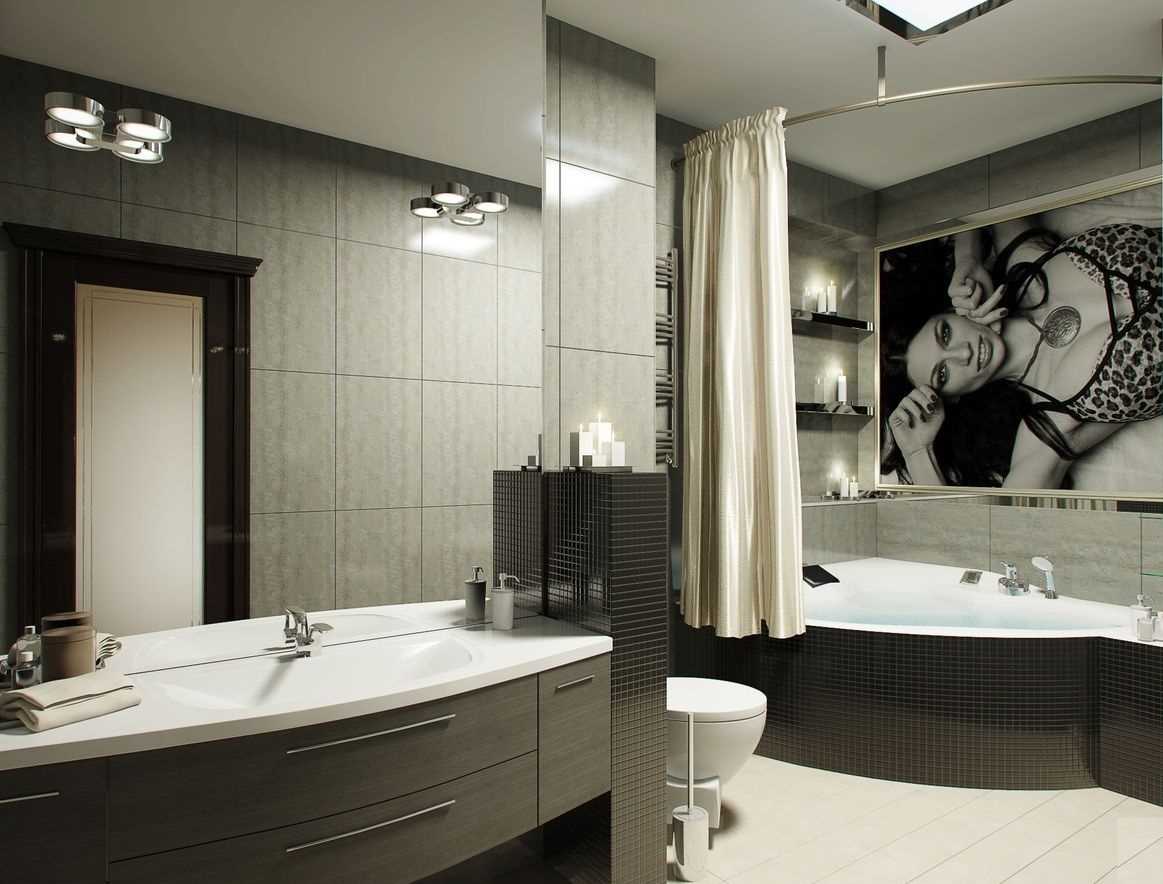 idea of ​​a beautiful bathroom interior with corner bath