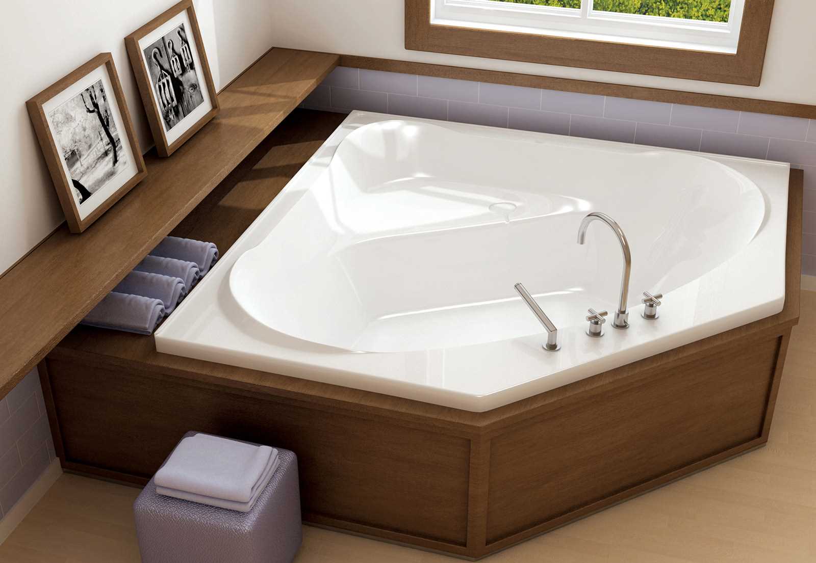 idea of ​​a modern bathroom interior with corner bath