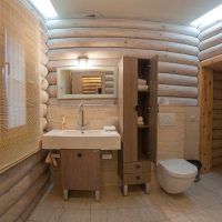 variant of the unusual interior of the bathroom in a wooden house photo