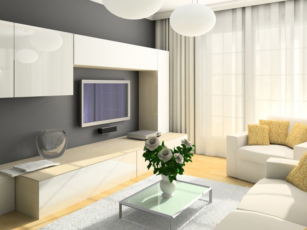 An example of a bright interior of a living room 16 sq.m