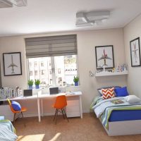 version of the bright interior of a children's room for two boys photo