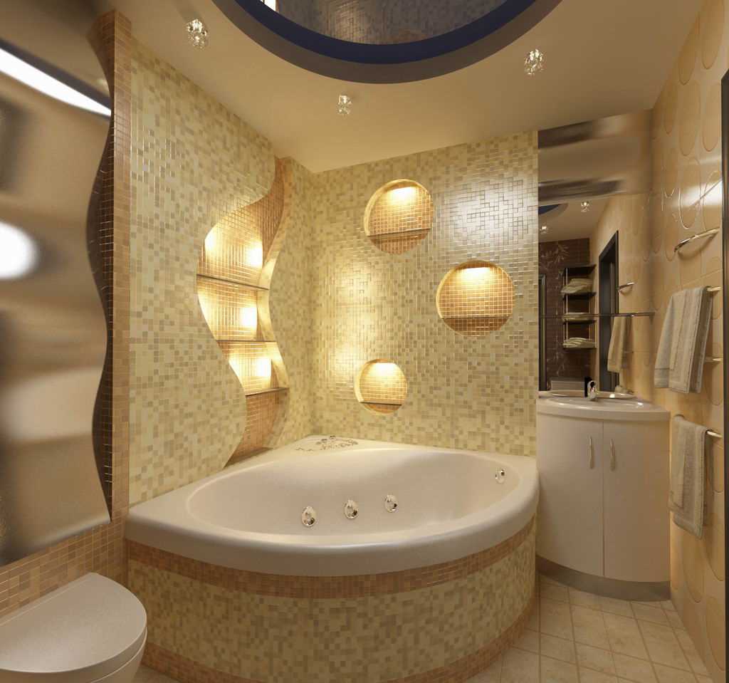 variant of a beautiful bathroom interior with corner bath