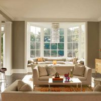 example of a beautiful interior of a living room with a bay window photo