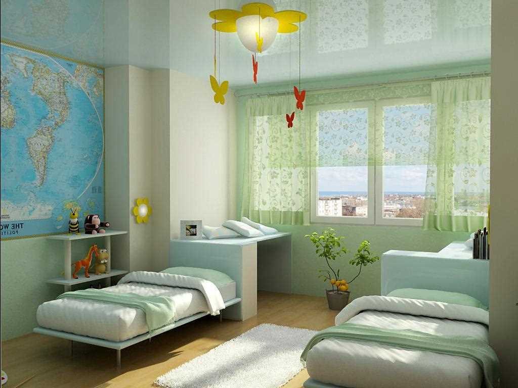 the idea of ​​a bright interior for a children's room for two boys