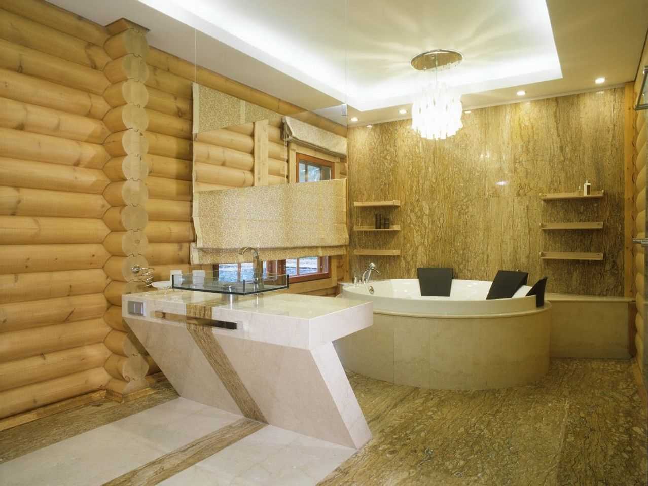 variant of the bright interior of the bathroom in a wooden house